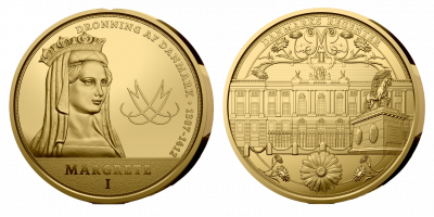 Eksklusiv forgyldt medalje med Margrete I i folder